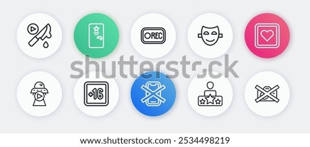 Set line No cell phone, Like heart, Science fiction, Actor star, Comedy theatrical mask, Record button, Prohibition no video recording and Plus 16 movie icon. Vector