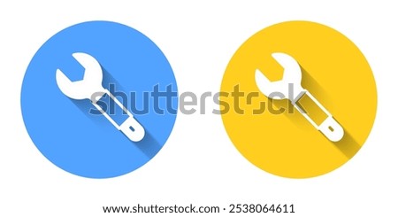 White Wrench spanner icon isolated with long shadow background. Spanner repair tool. Service tool symbol. Circle button. Vector