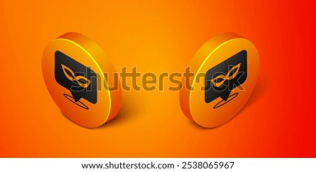 Isometric Carnival mask icon isolated on orange background. Masquerade party mask. Orange circle button. Vector