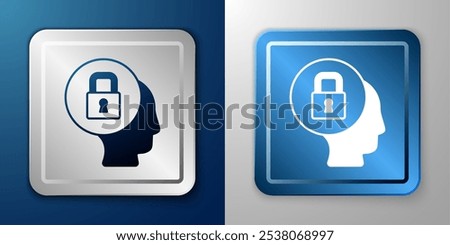 White Lock icon isolated on blue and grey background. Padlock sign. Security, safety, protection, privacy concept. Silver and blue square button. Vector