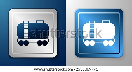 White Oil railway cistern icon isolated on blue and grey background. Train oil tank on railway car. Rail freight. Oil industry. Silver and blue square button. Vector