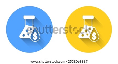 White Oil petrol test tube icon isolated with long shadow background. Cmemistry flask and falling drop. Circle button. Vector