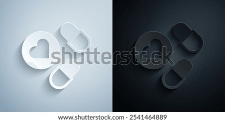 Paper cut Medicine pill or tablet icon isolated on grey and black background. Capsule pill and drug sign. Pharmacy design. Paper art style. Vector