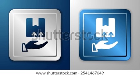 White Delivery hand with cardboard boxes icon isolated on blue and grey background. Door to door delivery by courier. Silver and blue square button. Vector