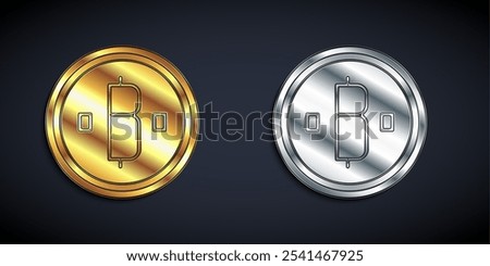 Gold and silver Cryptocurrency coin Bitcoin icon isolated on black background. Physical bit coin. Blockchain based secure crypto currency. Long shadow style. Vector