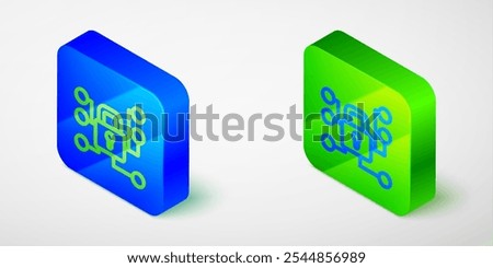 Isometric line Cyber security icon isolated grey background. Closed padlock on digital circuit board. Safety concept. Digital data protection. Blue and green square button. Vector