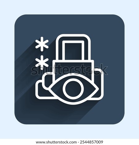 White line Cyber security icon isolated with long shadow background. Closed padlock on digital circuit board. Safety concept. Digital data protection. Blue square button. Vector