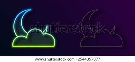 Glowing neon line Moon and stars icon isolated on black background. Cloudy night sign. Sleep dreams symbol. Full moon. Night or bed time sign.  Vector