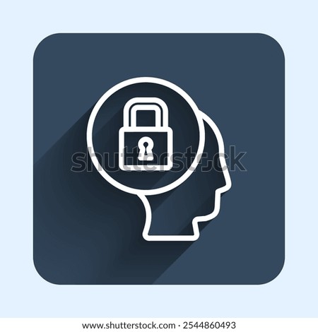 White line Lock icon isolated with long shadow background. Padlock sign. Security, safety, protection, privacy concept. Blue square button. Vector