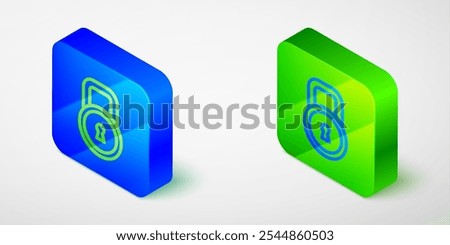 Isometric line Lock icon isolated on grey background. Padlock sign. Security, safety, protection, privacy concept. Blue and green square button. Vector