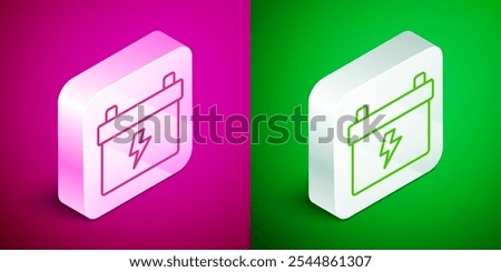 Isometric line Car battery icon isolated on pink and green background. Accumulator battery energy power and electricity accumulator battery. Silver square button. Vector