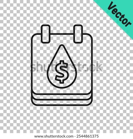 Black line Oil drop with dollar symbol icon isolated on transparent background. Oil price. Oil and petroleum industry.  Vector