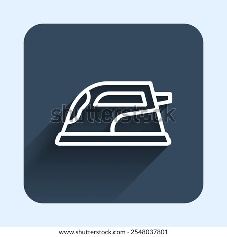 White line Electric iron icon isolated with long shadow background. Steam iron. Blue square button. Vector