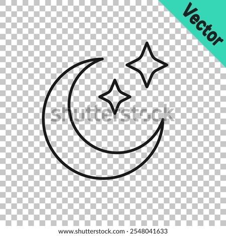 Black line Moon and stars icon isolated on transparent background. Cloudy night sign. Sleep dreams symbol. Full moon. Night or bed time sign.  Vector