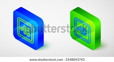 Isometric line Plus 16 movie icon isolated grey background. Adult content. Sixteen plus icon. Censored business concept. Blue and green square button. Vector