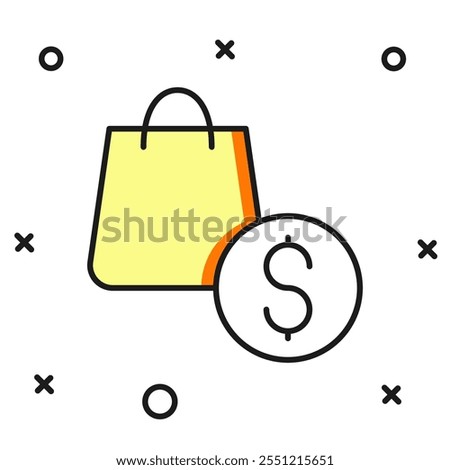 Filled outline Shopping bag and dollar icon isolated on white background. Handbag sign. Woman bag icon. Female handbag sign. Flat filled outline style with shadow. Vector