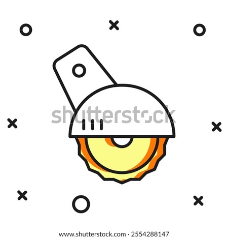 Filled outline Electric circular saw with steel toothed disc icon isolated on white background. Electric hand tool for cutting wood or metal. Flat filled outline style with shadow. Vector