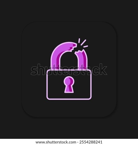 Filled outline Broken or cracked lock icon isolated on black background. Unlock sign. Flat filled outline style with shadow. Vector