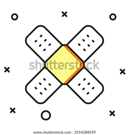 Filled outline Crossed bandage plaster icon isolated on white background. Medical plaster, adhesive bandage, flexible fabric bandage. Flat filled outline style with shadow. Vector