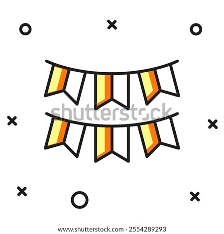 Filled outline Carnival garland with flags icon isolated on white background. Party pennants for birthday celebration, festival decoration. Flat filled outline style with shadow. Vector