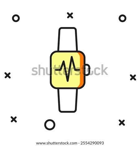 Filled outline Smart watch showing heart beat rate icon isolated on white background. Fitness App concept. Flat filled outline style with shadow. Vector