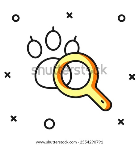 Filled outline Paw search icon isolated on white background. Magnifying glass with animal footprints. Flat filled outline style with shadow. Vector