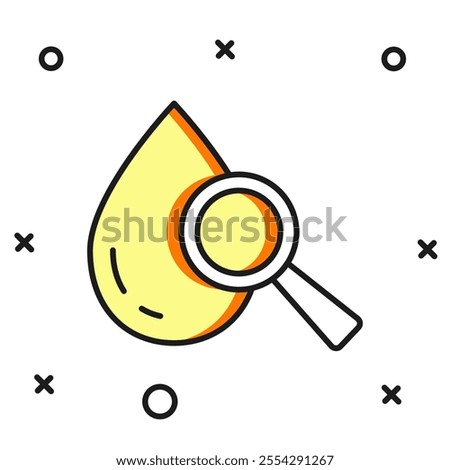 Filled outline Drop and magnifying glass icon isolated on white background. Flat filled outline style with shadow. Vector