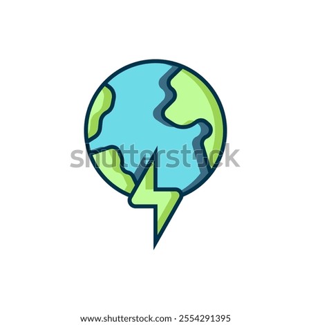 Filled outline Global energy power planet with flash thunderbolt icon isolated on white background. Ecology concept and environmental. Flat filled outline style with shadow. Vector