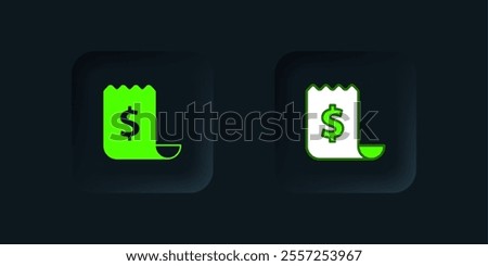 Green Paper check and financial check icon isolated on black background. Paper print check, shop receipt or bill. Black square button. Vector