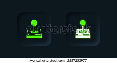 Green Joystick for arcade machine icon isolated on black background. Joystick gamepad. Black square button. Vector