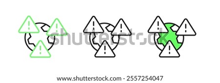 Set line Planet earth symbol with exclamation mark icon isolated on white background. Global earth, Exclamation mark danger.  Vector