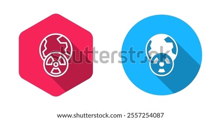 Filled and outline Planet earth and radiation symbol icon isolated with long shadow background. Environmental concept.  Vector