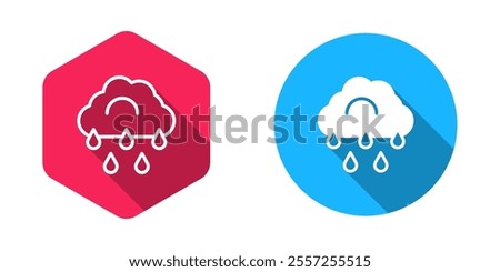 Filled and outline Cloud with rain icon isolated with long shadow background. Rain cloud precipitation with rain drops.  Vector