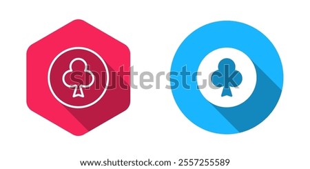 Filled and outline Playing card with clubs symbol icon isolated with long shadow background. Casino gambling.  Vector