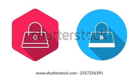 Filled and outline Handbag icon isolated with long shadow background. Female handbag sign. Glamour casual baggage symbol.  Vector