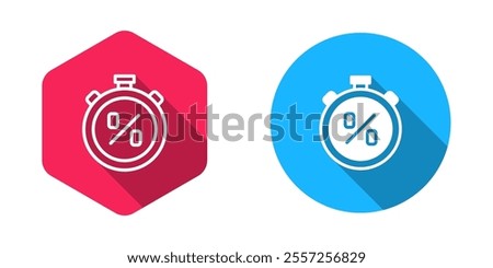 Filled and outline Stopwatch with percent discount icon isolated with long shadow background. Time timer sign.  Vector