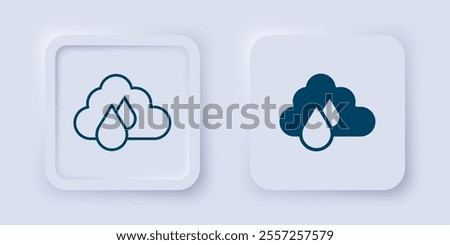 Filled and outline Cloud with rain icon isolated on grey background. Rain cloud precipitation with rain drops. Square button. Vector