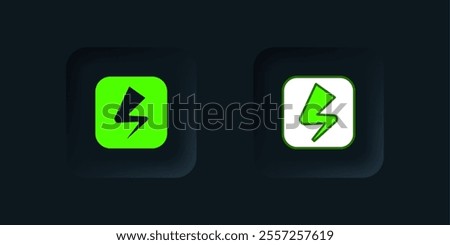 Green Lightning bolt icon isolated on black background. Flash sign. Charge flash icon. Thunder bolt. Lighting strike. Black square button. Vector