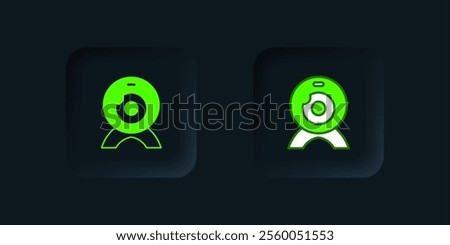 Green Web camera icon isolated on black background. Chat camera. Webcam icon. Black square button. Vector