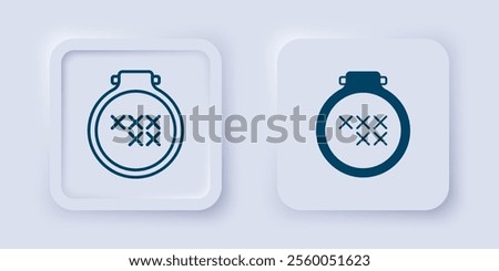 Filled and outline Round adjustable embroidery hoop icon isolated on grey background. Thread and needle for embroidery. Square button. Vector