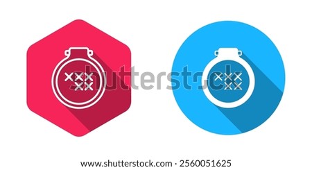 Filled and outline Round adjustable embroidery hoop icon isolated with long shadow background. Thread and needle for embroidery.  Vector