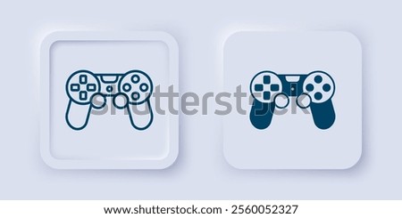 Filled and outline Game controller or joystick for game console icon isolated on grey background. Square button. Vector