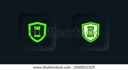 Green Chess shield icon isolated on black background. Business strategy. Game, management, finance. Black square button. Vector