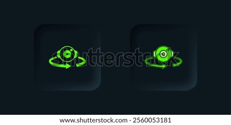 Green 360 degree view icon isolated on black background. Virtual reality. Angle 360 degree camera. Panorama photo. Black square button. Vector