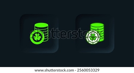 Green Golden leprechaun coin with clover trefoil leaf icon isolated on black background. Happy Saint Patricks day. National Irish holiday. Black square button. Vector