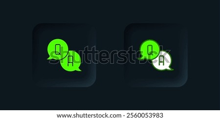 Green Speech bubbles with Question and Answer icon isolated on black background. Q and A symbol. FAQ sign. Chat speech bubble and chart. Black square button. Vector