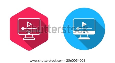 Filled and outline Online play video icon isolated with long shadow background. Film strip with play sign.  Vector