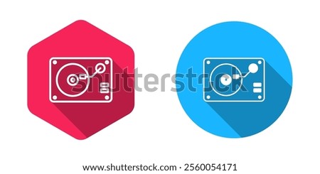 Filled and outline Vinyl player with a vinyl disk icon isolated with long shadow background.  Vector