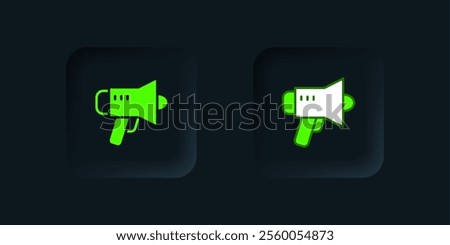 Green Megaphone icon isolated on black background. Speaker sign. Black square button. Vector