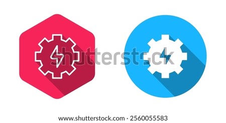 Filled and outline Gear and lightning icon isolated with long shadow background. Electric power. Lightning bolt sign.  Vector